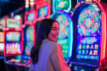 A woman smiling by bright slot machines showing lucky symbols, showcasing the exciting slot offerings at KKFBB.