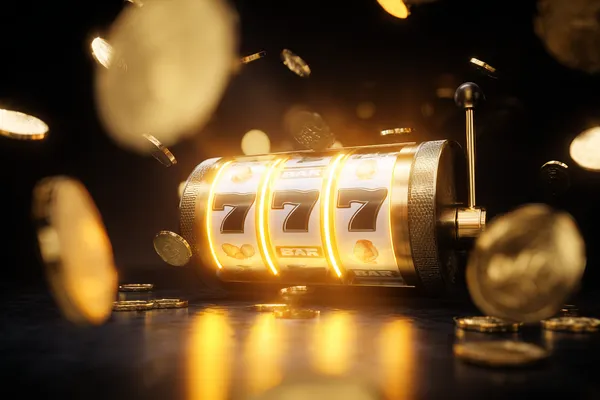 A dramatic shot of winning sevens landing on a slot reel surrounded by shining gold coins, symbolizing big wins.